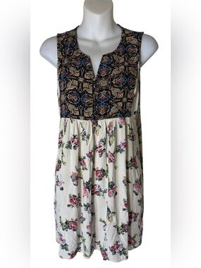 Umgee Boho Babydoll Dress Floral + Paisley Mixed Print Size M